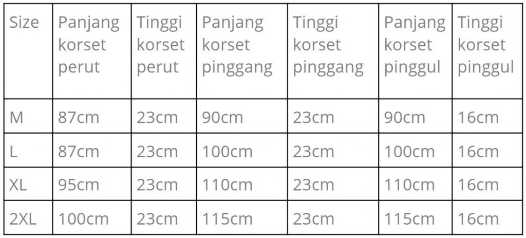 Tabel ukuran korset Mooimom