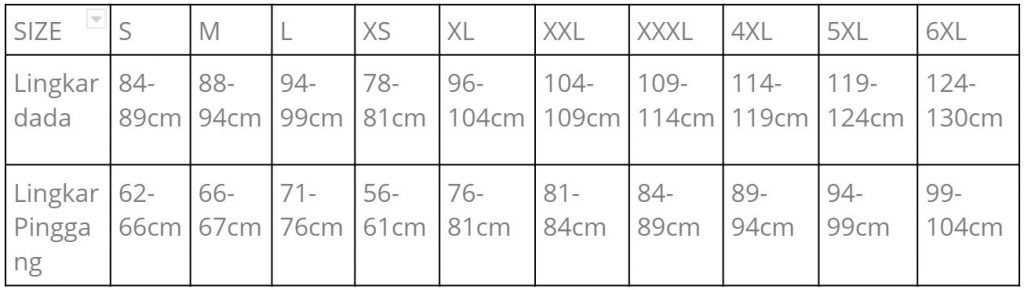 Tabel ukuran korset Burvouge